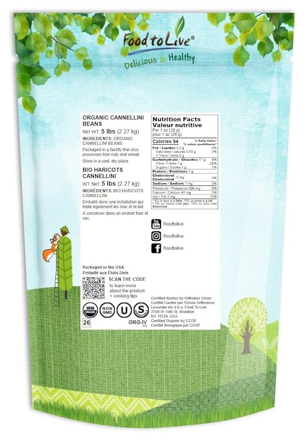 Food to Live Organic Cannellini Beans, 5 Pounds – Non-GMO, Dried White Kidney Beans, Sproutable, Vegan, Kosher, Bulk. Pre-Soak Needed. Rich in Fiber, Protein. Great for Minestrone Soup, Bean Salad.