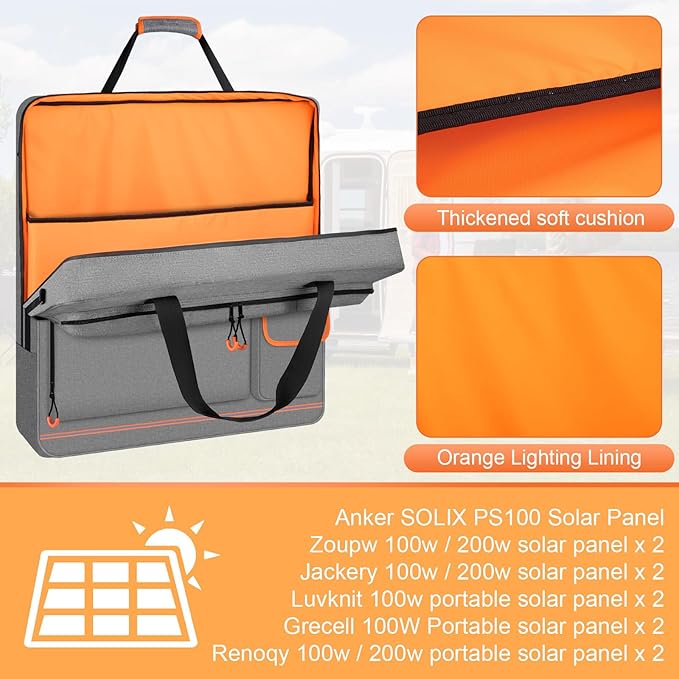 Solar Panel Storage Bag with Orange Lining, Deepened Opening, Zipper with Pull and Multi-Accessory Space Solar Panel Travel Carrying Case Fit for Jackery SolarSaga 100W 100X 200W, Gray