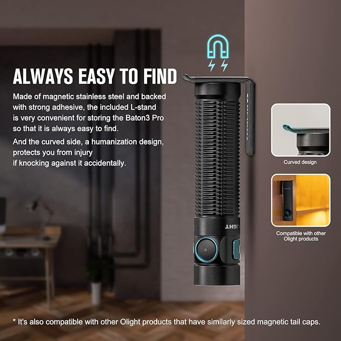 OLIGHT Baton3 Pro EDC Rechargeable Flashlights 1500 Lumens with Charging Cable, L-Shape Stand and High Performance Bright LED Flashlight for Camping and Emergency (Cool White Light: 5700~6700K)