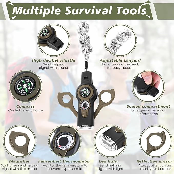 12 Pack Emergency Survival Function Whistle 7-in-1 Compass Hiking Survival Safety Whistle with Lanyard Outdoor Multifunctional Tool Ideal for Hiking Camping Rescue Signaling