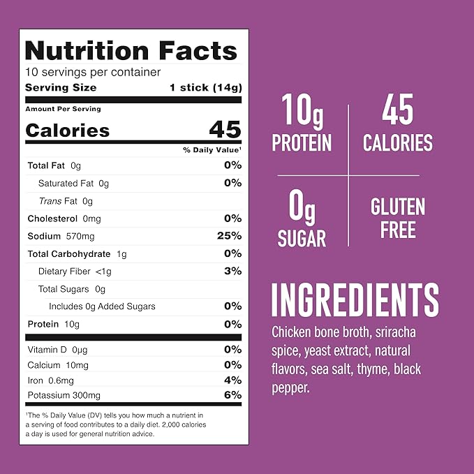 LonoLife Sriracha Chicken Bone Broth Powder Mix | 10g Protein | Collagen-Rich, Keto & Paleo Friendly | Natural Ingredients | 10 Portable Stick Pack Servings