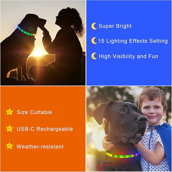LED Dog Collar - Color Changeable Light Up Dog Collars USB Rechargeable,15 Light Effects Glow in The Dark Collar Weatherproof Fits for Small Medium Large Dog,Keep Your Pets Seen Safety High Visibility