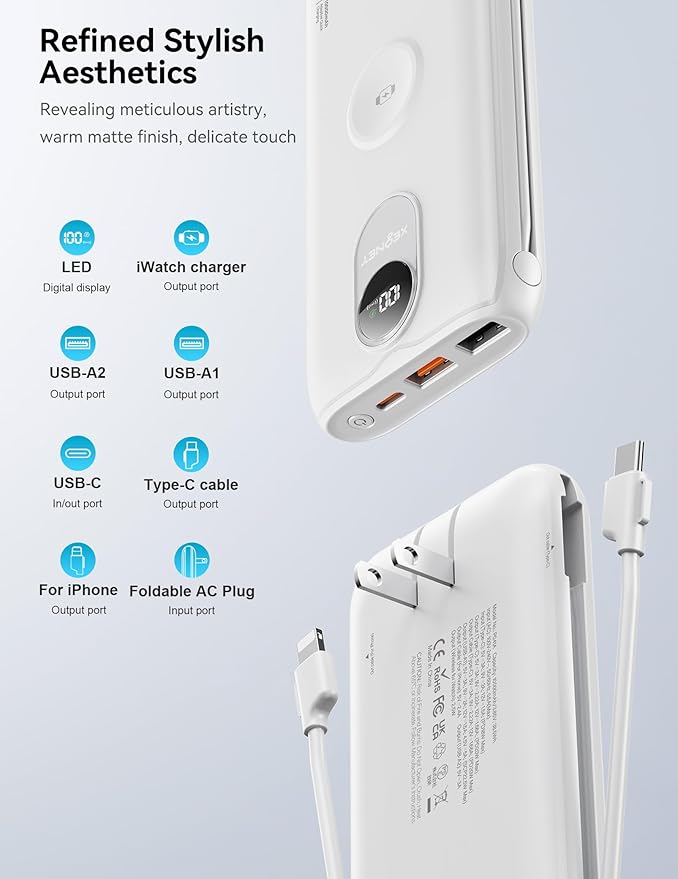 Portable Charger, 10000mAh 22.5W USB C Power Bank Built in Cables, AC Wall Plug and Led Display, External Battery Pack Fast Charging, Travel Essentials for iPhone, Android Cell Phone, Tablet, iWatch