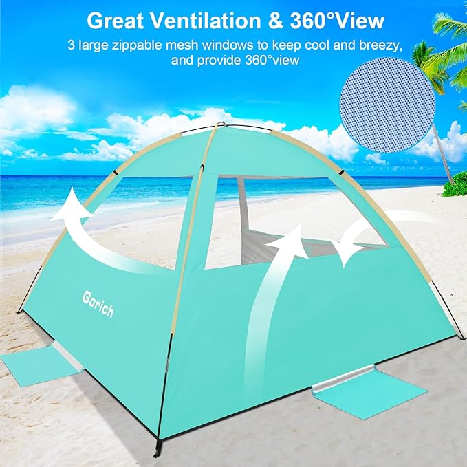 Gorich Beach Tent Sun Shelter for 3/4-5/6-7/8-10 Person with UPF 50ï¼?UV Protection, Lightweight & Easy Setup Beach Shade Canopy, Portable Beach Shade Tent Beach Cabana