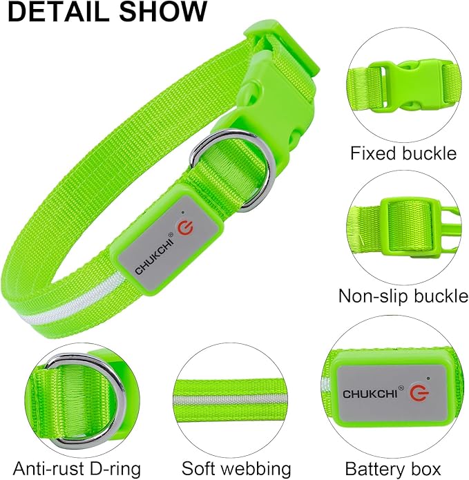 CHUKCHI LED Dog Collar Rechargeable,Waterproof Flashing Collar,Light Up Glow Collar, Adjustable Soft Safety Light Up for Small Medium Large Dogs Walking Camping at Night (Green-L)