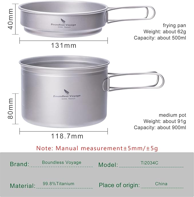 iBasingo Titanium Pot Pan Set with Folding Handle - Ultralight Portable Outdoor Cookware Mess Kit for Camping, Picnic, Travel & Backpacking (1080ml Soup Pot, 900ml Cup, 500ml Frying Pan)