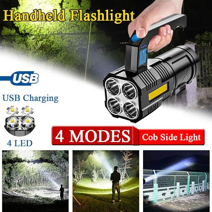 LED Flashlight USB Rechargeable, High Lumens Tactical Light with Sidelight, 4X LED, Zoomable, Handheld Super Brightest Flashlights, Portable Torch for Outdoor Camping Home Emergency Lantern