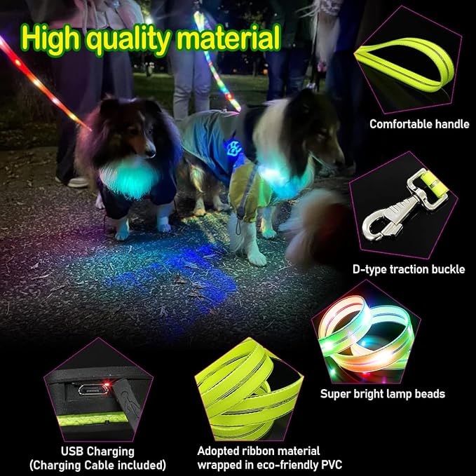 LED Waterproof Pet Dog Leash USB Rechargeable Fashionable Color Glow in The Dark Night Walk Safety Dog Leash for Medium to Large Dogs