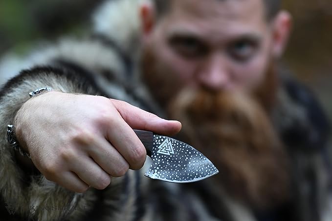 VikingsBrand Norse Viking-styled Knife Hand Forged - Viking Gifts for Men - Valknut - Genuine Leather Sheath - Nordic Knife for Hunting (Valknut - 5.7in)