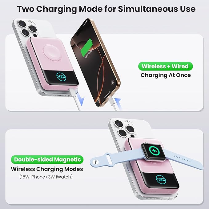 Magnetic Portable Charger for iPhone, 3-in-1 10800mAh Qi2 15W Wireless Power Bank with iWatch Charger,30W PD Fast Charging USB-C LCD Display Battery Pack for Magsafe,iPhone 17/16/15/14/13, Apple Watch