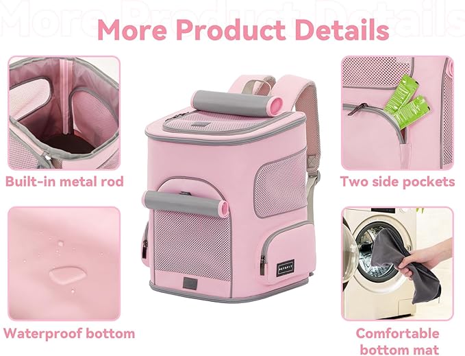 PETSFIT Pet Carrier Backpack with Upgraded Waist Protection, Cat Carrier Backpack Designed for Small Dogs/Cats, Fully Ventilated Collapsible Dog Backpack for Outdoor Traveling Hiking Camping, Pink