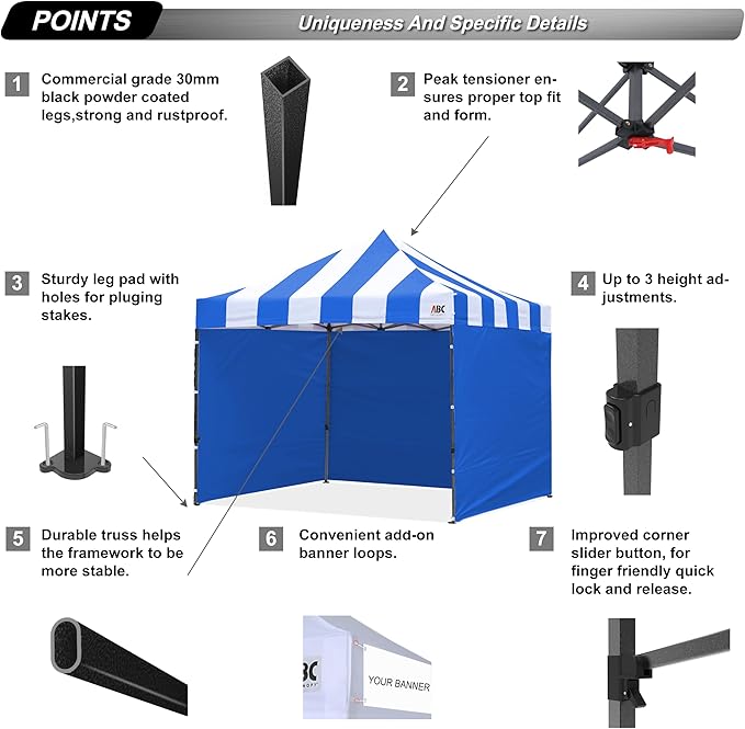 ABCCANOPY Heavy Duty Easy Pop up Canopy Tent with Sidewalls 10x10,Strip RoyalBlue