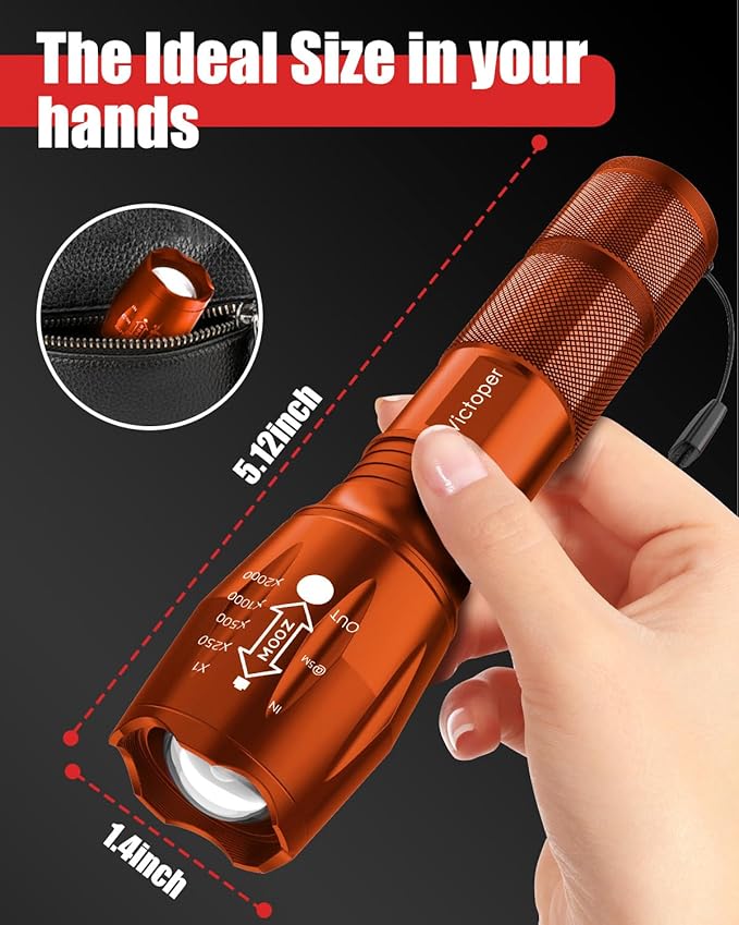 Victoper LED Flashlight 2 Pack Orange, Bright High Lumens Tactical Flashlights High Lumens with 5 Modes, Waterproof Zoomable Flash Light for Outdoor, Gifts for Father's Day Camping Essentials Gear