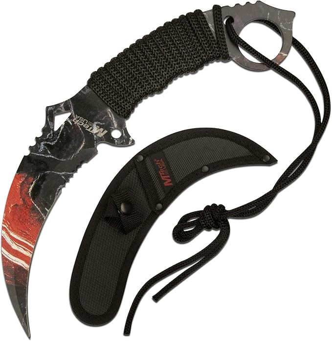 MTECH USA Fixed Blade Knife, Partially Serrated Stainless Steel Blade with Cord Wrapped Handle, Black Nylon Sheath - Hunting, Camping, Survival, Everyday Carry (Black Red)