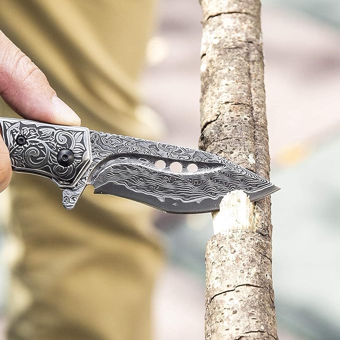 hand made damascus steel pocket knife, 3.1 inch outdoor folding knife, camping rosewood handle with leather case and inner lining