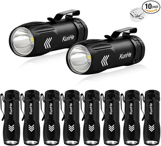 KunHe 10 Pack Small Rechargeable Flashlights Bulk USB-C Mini High Lumen Flashlight Clip-on Portable Pocket Flash Light for EDC Emergency Home Use