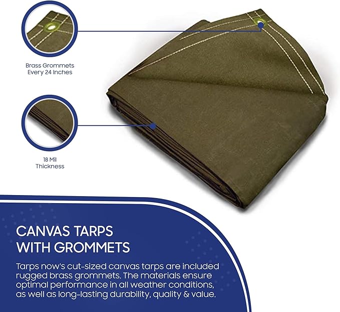 Tarps Now 8x12 ft Heavy Duty Canvas Tarp| 18 MIL Industrial Grade Fabric, Tear Resistance, Reinforced Edges, Brass Grommets | Ideal for Construction, Trucking, Manufacturing, Automotive –Olive Color