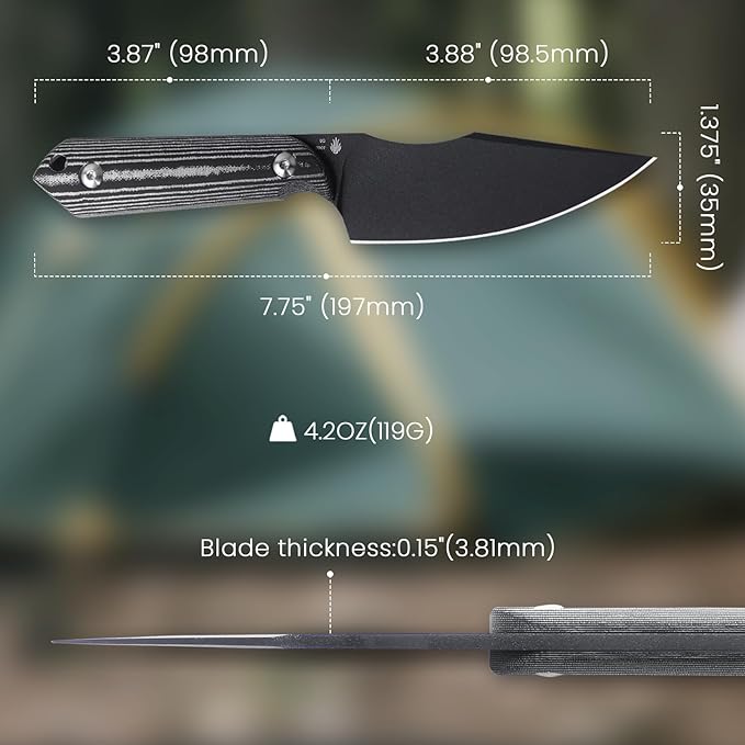 Kizer Harpoon Fixed Blade Knife, D2 Blade with Black Micarta Handle Hunting Knives, EDC Fixed Blade Knife with Sheath, for Hunting Hiking Camping 1040A1