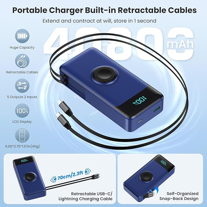 5-in-1 Portable Charger for iPhone,40800mAh Power Bank Built-in Retractable Cable and iWatch Charger,25W PD QC4.0 Fast Charging Battery Pack,Travel Essential Charger for iPhone 17/Air/16,Android,Blue