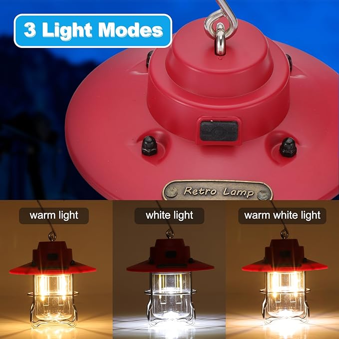 PATIKIL LED Camping Lantern, 2 Pack Vintage Rechargeable Lantern 3 Light Modes Portable Hanging Outdoor Tent Light for Camping Hiking Fishing, Green, Copper 3.66 Inch