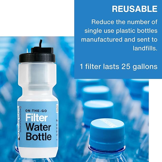 Campbell Ultrafiltration+ Water Filter Bottle - 16 fl. oz., Purification On the Go, Reusable, BPA-Free, Dishwasher Safe, Assembled in USA - Essential for Clean Hydration Anywhere