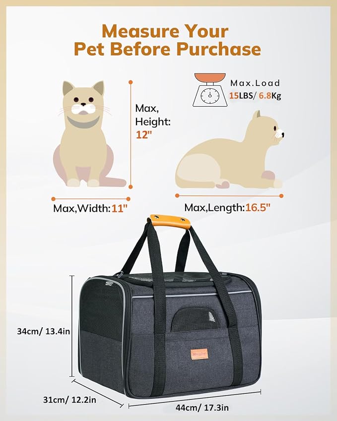 Morpilot Cat Carrier - Soft Sided Cat Carrier Large for Big Medium Cats and Puppy up to 18lbs, Pet Carrier with Safety Zippers, Foldable Bowl, Airline Approved Large Dog Carrier - Dark Gray