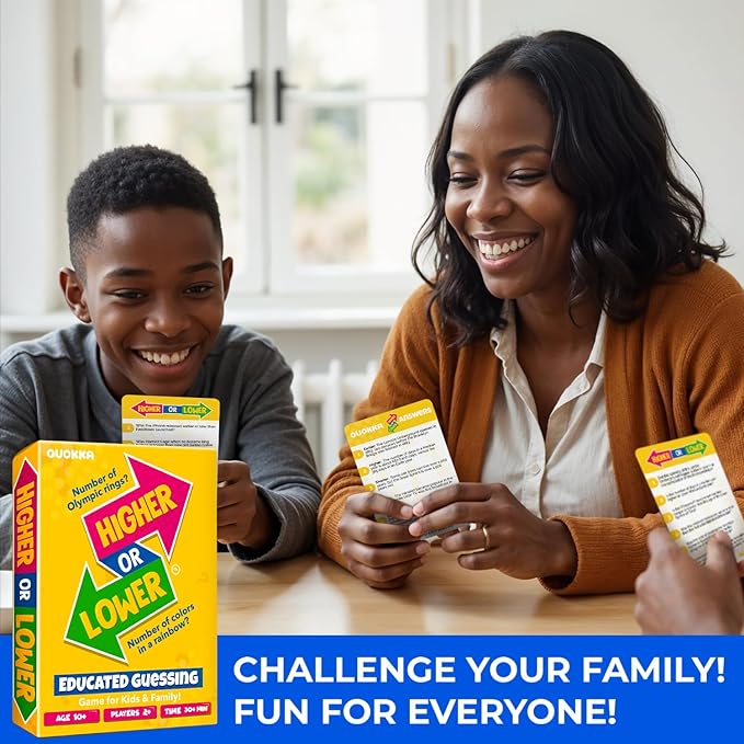 QUOKKA Trivia Board Games for Kids and Adults - Version V2.0 - Family Night Board Game 4xSet Higher or Lower Trivia Cards | Guess Fun Questions | 2 + Players - Challenge Your General Knowledge
