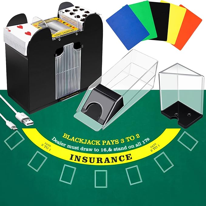 Aoriher Blackjack Game Combo Set, Include Blackjack Layout Felt,Shoe 6 Deck Automatic Card Shuffler Discard Holder Trays and 10 Cut Cards for Casino, Party Night(Green)