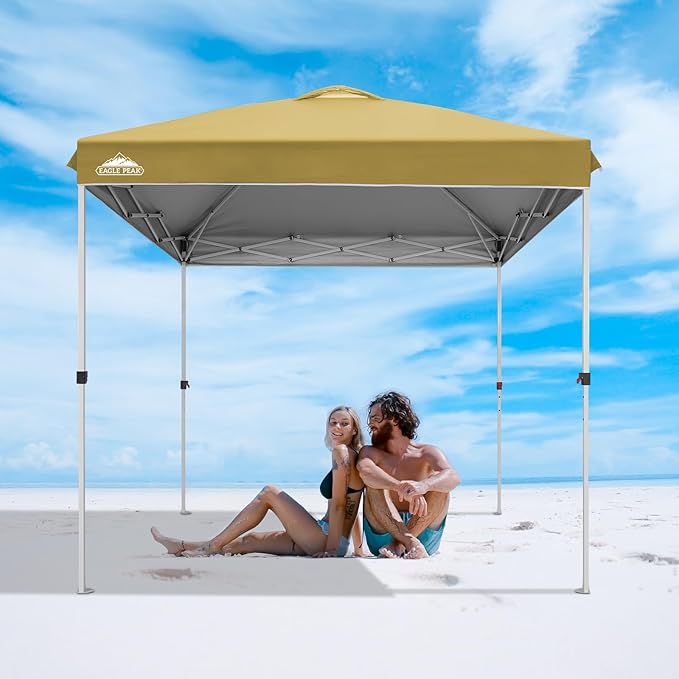 EAGLE PEAK Pop Up Canopy Tent with Wheeled Carry Bag, 8 Stakes, 4 Ropes, Easy Set Up Tent Canopy, 8x8 ft, Beige