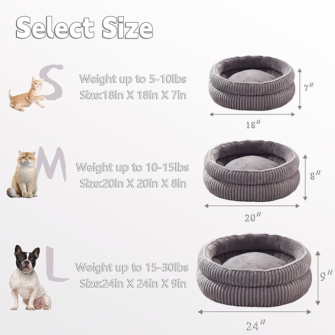 Dog Beds for Small Dogs, Puppy Kennel Bed - Round Cat Beds for Indoor Cats,Comfy Durable Pet Sleeping Bed, Washable Deluxe Plush Kitten Bed & Non-Slip Bottom, Gray 24" L x 24" W x 9" Th
