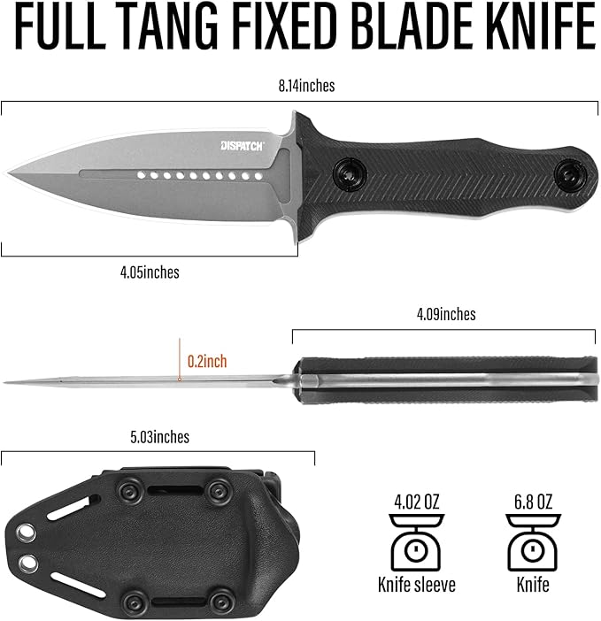 Dispatch Tactical Fixed Blade Knife, 3.89" 8Cr13Mov Steel Blade with Ergonomic G10 Handle, Full Tang Double Edge Survival Knives with Kydex Sheath Horizontal & Vertical for Outdoor Activities