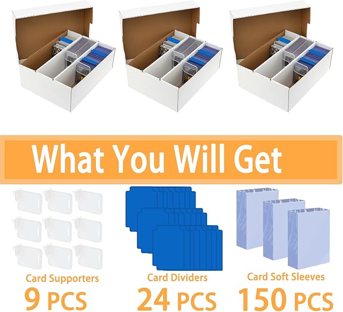 3 Row Trading Card Storage Box – Holds 2400 Cards, Fits Toploaders & Magnetic Cases, Includes 150 Sleeves, 24 Dividers & 9 Supports – Sport Card Organizer