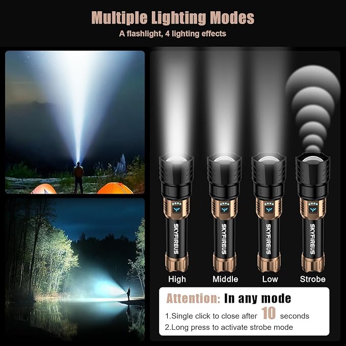 SKYFIRE Rechargeable Flashlight High Lumens,LED Flashlight with 8000mAh,Zoomable,Four Modes,Waterproof Bright Flash Light for Camping Essentials,Outdoor,Home-No Lens