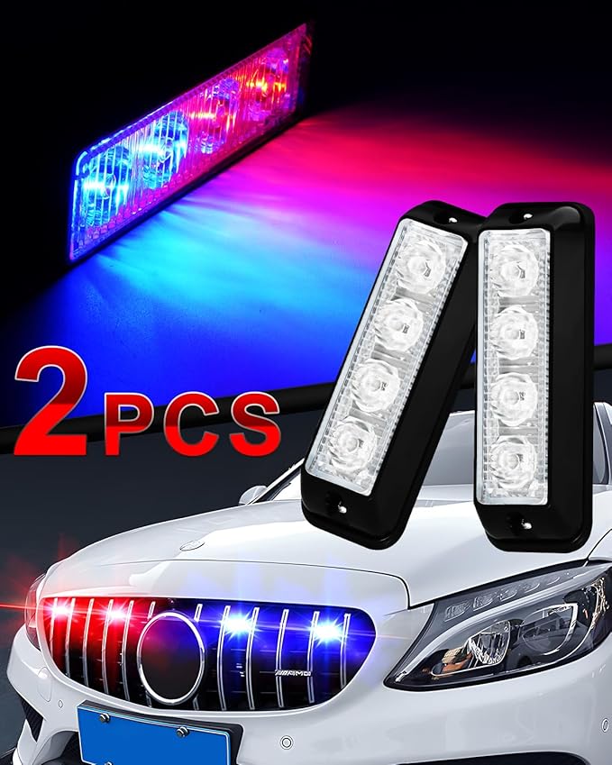 YM E-Bright 2-Pack Red Blue Dual Colors 4 LED Car Flash Light DRL Truck Warning Caution Emergency Construction Strobe Light DC 12V-24V