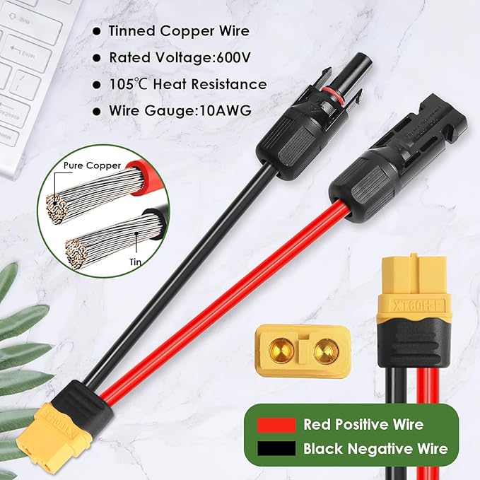 Solar to XT60 Extension Cable 10AWG 100FT Solar Connector to XT60 Adapter Cable for Solar Panel to Portable Power Station Solar Generator Battery Pack