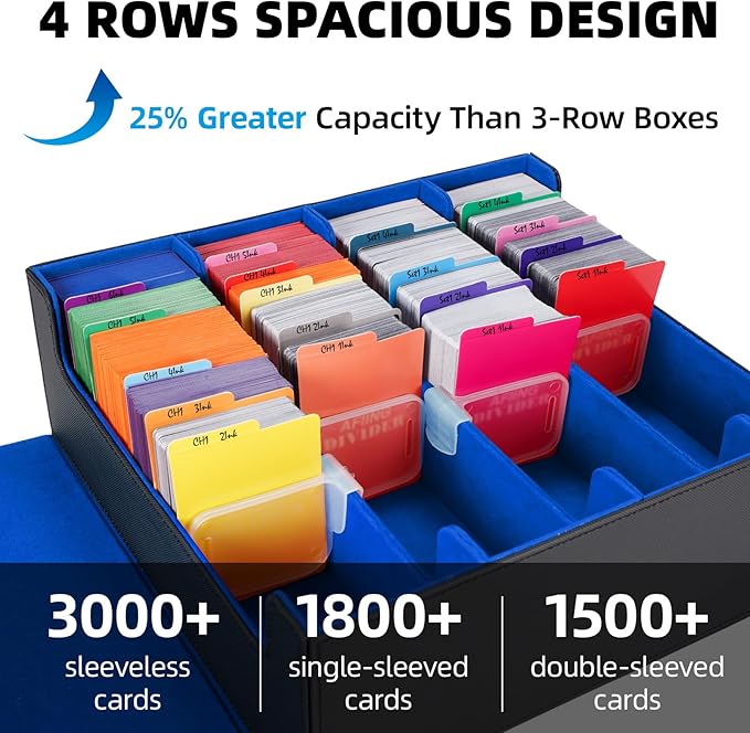 AFIING Trading Card Storage Box, MTG Deck Box with 48 Dividers & Supporters, Commander Card Deck Case Fits for Magic Game Cards, YugiOh, TCG, baseball and Sport Cards, Black Blue 3200+