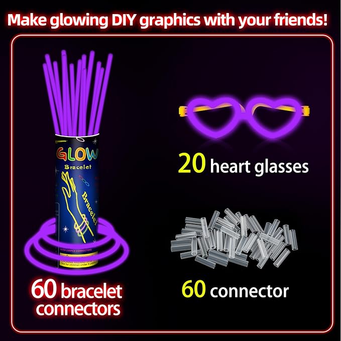 60 Pack 8??Purple Glow Sticks Bulk Bright Glow Sticks with 60 Connectors 20 Heart Glasses Glow In The Dark Party Supplies Neon Party Decorations Glow Bracelet Glasses for Carnival (Purple)
