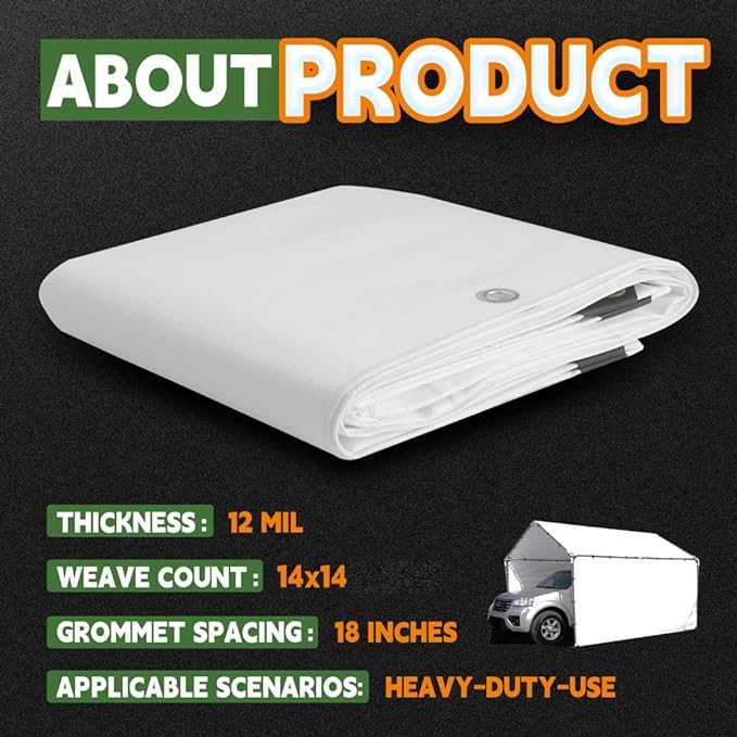 RAINDEWAY 12 Mil Heavy Duty White Tarp 12x16 Feet, UV Resistant, Waterproof, Weatherproof Poly Tarp with Metal Grommets and Reinforced Edges