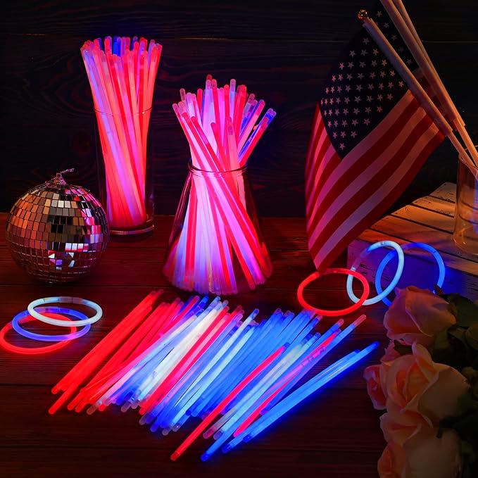 Hanaive 300 Pcs Glow Sticks Bulk 8 Inch Glow in The Dark Party Favors Neon Bracelets and Necklaces Light up Sticks with Connectors for Holiday Birthday Party Supplies(Red, Blue and White)