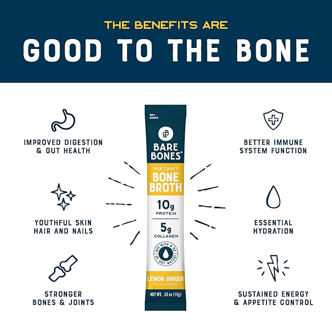 Bare Bones Bone Broth Instant Powdered Mix, Lemon Ginger, Pack of 16, 15g Sticks, 10g Protein, Keto & Paleo Friendly Bone Broth Packets
