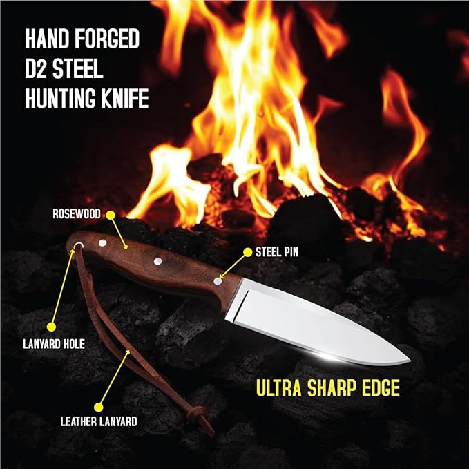 H & H BLADES Handmade D2 Steel Skinning Knife | 10 Inch Fixed Blade Hunting Knife with Leather Sheath | Bushcraft Survival Knife Best for Fishing, Camping and Outdoors