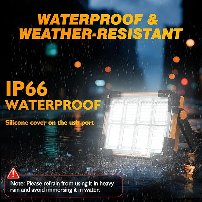 120W Solar Rechargeable Work Light, 144 LED 10000LM Led Work Light with 4 Modes, Portable Flood Light with Stand, IP66 Waterproof Outdoor Working Light for Emergency Mechanic Camping Repair (Yellow)