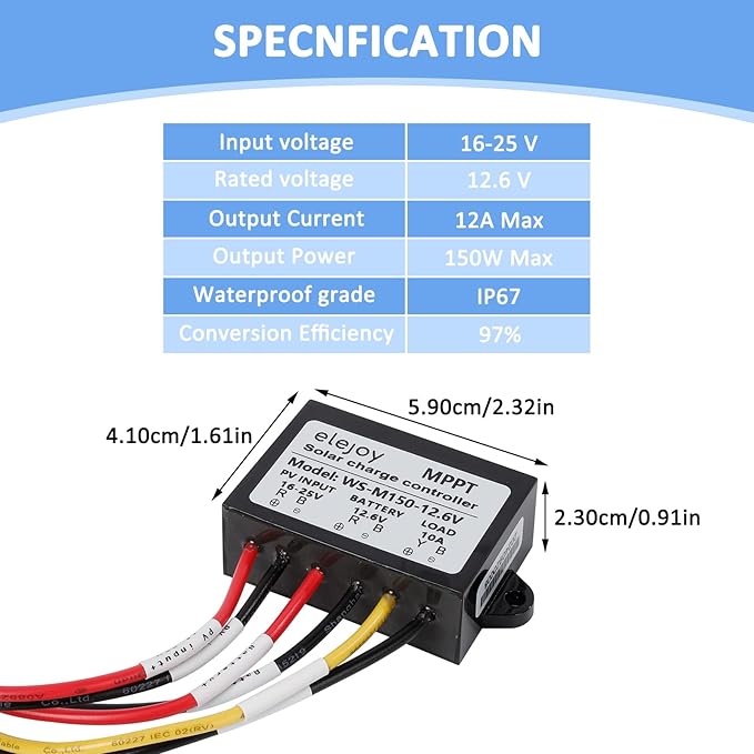 10 Amp 12.6V 150W MPPT Solar Charge Controller 99% LiFePO4 Lithium Iron Phosphate Battery Ultra-Compact and Lightweight IP67 Waterprof