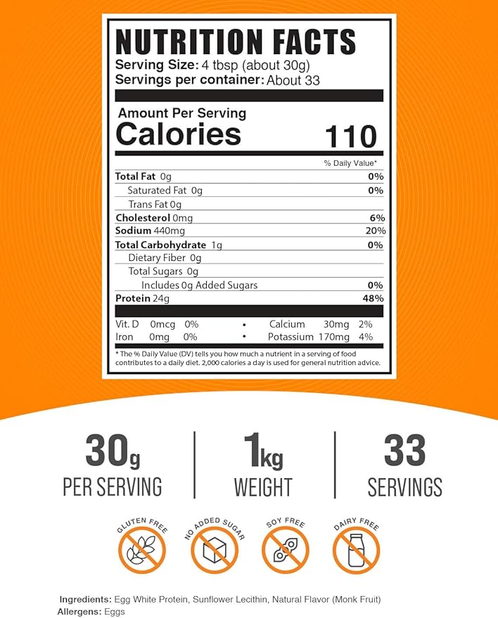 BulkSupplements.com Egg White Protein Powder - Egg White Powder, Lactose Free Protein - Unflavored & Dairy Free, 30g per Serving, 1kg (2.2 lbs) (Pack of 1)