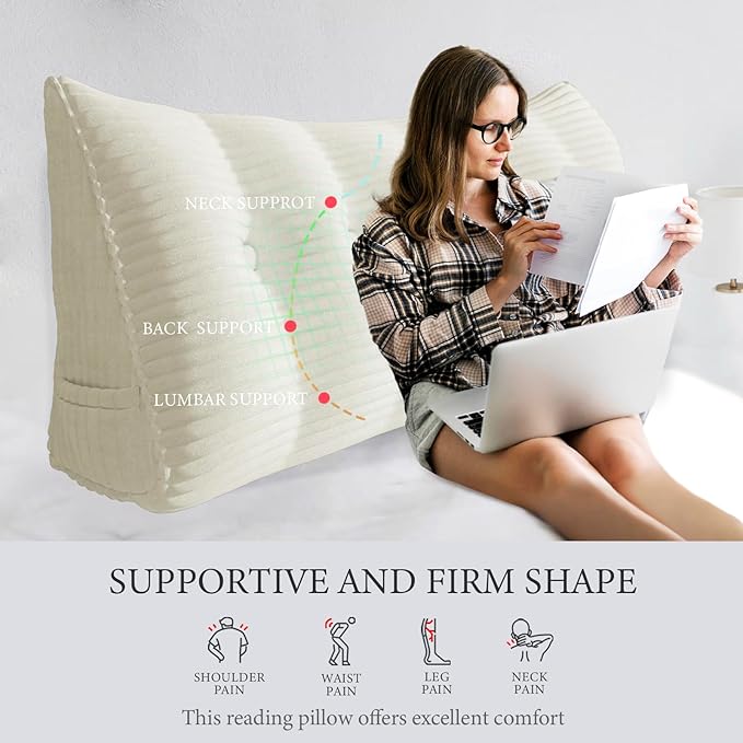 11 lbs Thickened Headboard Pillow Wedge Pillow Headboard Reading Pillow Bed for Comfortable Backrest Reading Triangular Pillow with Side Pocket Backrest Pillows for Sitting in Bed Queen