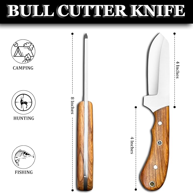 Cowboy Knives with Leather Sheath - 8??Sharp Handmade Steel Bull Cutter Knife - EDC Fixed Blade Hunting Knife for Skinning, Camping, Bushcrafting and Outdoor Activities, white, brown