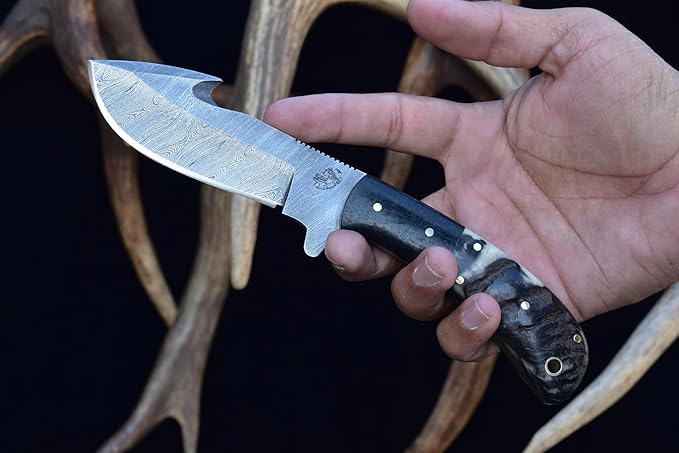 Knives Ranch Handmade Damascus Steel Gut-Hook Skinning Knife ??8.5" Full Tang Fixed Blade Outdoor Knife with Ram?™s Horn Handle & Heavy-Duty Leather Sheath ??Hunting, Bushcraft, Camping, Survival, Cowboy Ranch (2048-RH)