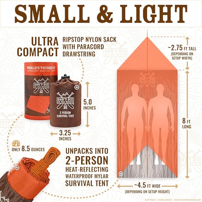 World's Toughest Ultralight Survival Tent ??2 Person Mylar Emergency Shelter Tube Tent + Paracord ??Year-Round All Weather Protection for Hiking, Camping, & Outdoor Survival Kits