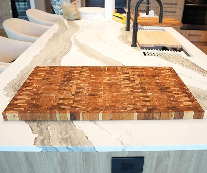 EcoDecors Extra Large Solid Teak Butcher Block 34"x20", End Grain Cutting Board with Juice Groove, Waste Slot, Handles, FSC Certified Carving Board for Stove-Top Prep
