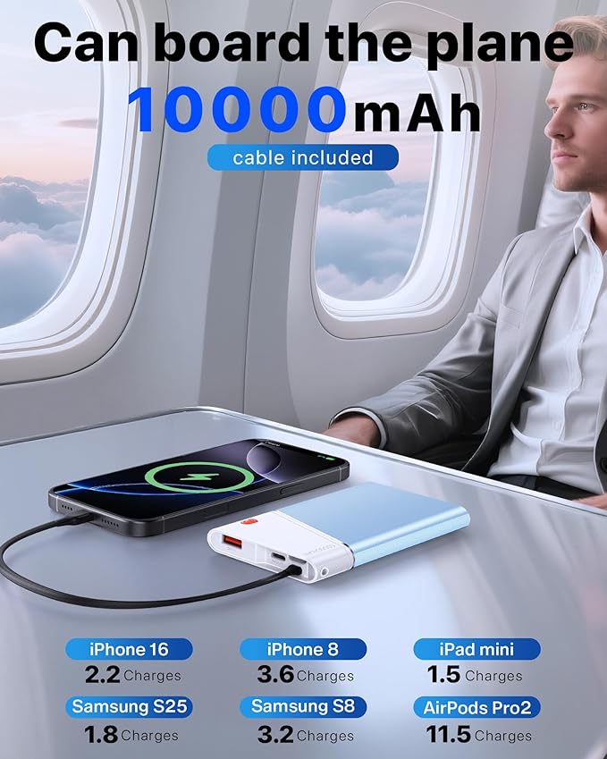 Portable Charger Power Bank, 10000mAh 22.5W PD Super Fast Charging Powerbank with Built-in USB C in&Out Cable, Slim External Phone Battery Pack for iPhone 17/16/15 iPad Samsung S24 Android etc